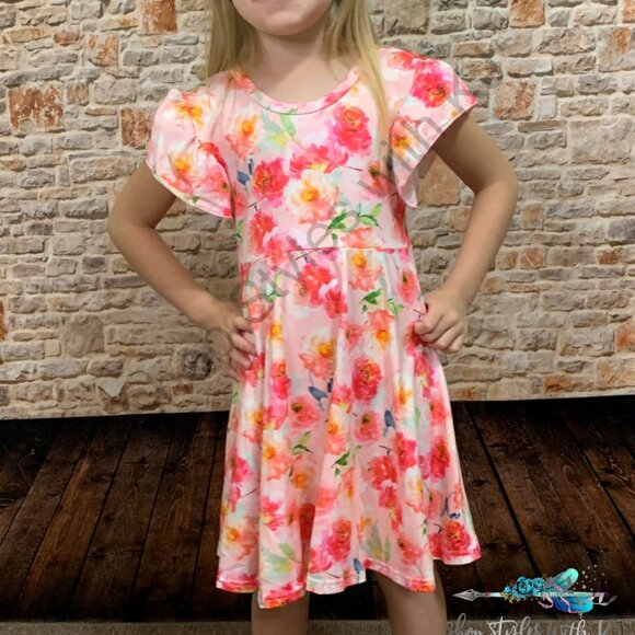NEW Boutique Girl’s Flutter Sleeve Pink Floral Dress - Picture 8 of 10